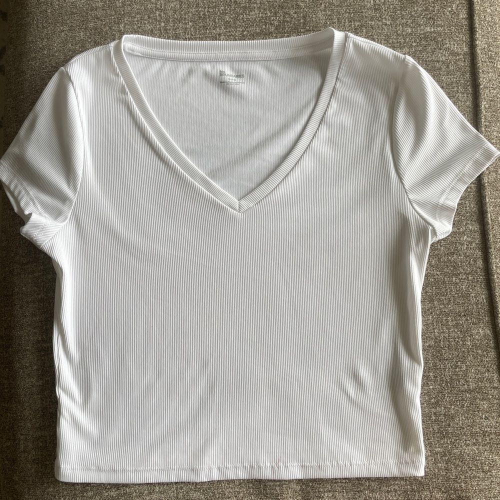 White V-Neck Ribbed Women's Top